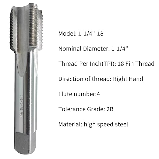 Lzcdelyxiao 1 1/4"-18 Tap UNEF Right Hand Straight Flute Thread Tap Machine Tap 1-1/4"-18 TPI Nominal Diameter 1 1/4" Thread Per Inch 18 Fin Thread Tapping Thread High Speed Steel HSS 2B