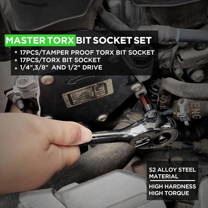 34-Piece Torx Bit Socket Set, Tamper Proof T6-T70, Solid Star Bits Set, Premium CR-V & S2 Alloy Steel Star Socket Sets, Torque Bit Sets with Storage Case