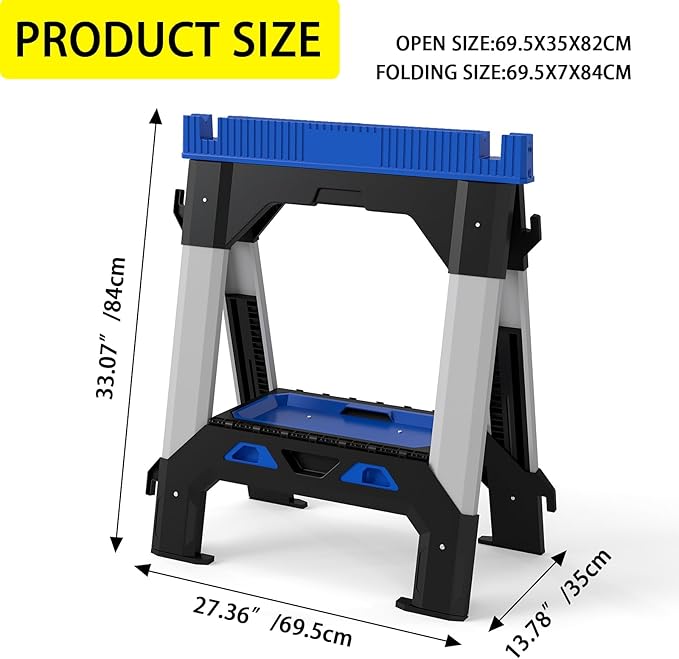 ZYJOYY Saw Horses 2 Pack Folding Heavy Duty ,Includes 4 Sawbucks, 2500 LBS Total Load Capacity, Built-In Tool Tray & Cord Hooks, Metal Folding Saw horse for Woodworking
