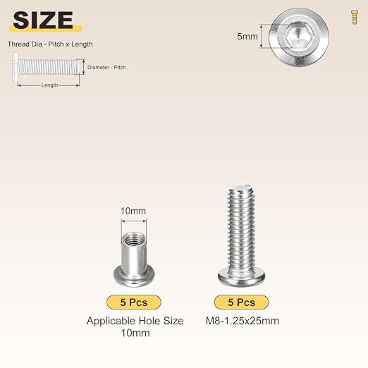 METALLIXITY Crib Screws Replacement Set(M8-1.25x25mm) 10Pcs, Steel Connector Bolts Screw Barrel Nuts Binding Screws, for Chair Cabinet Bed, Silver
