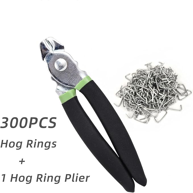 Hog Ring Pliers Kit with 300 Pcs 3/4" Galvanized Steel Hog Rings,Bent Hog Ring Pliers Kit for Fencing and Auto Upholstery,Bagging,DIYCraft,Furniture(Blue)