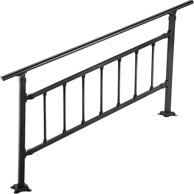 VEVOR Outdoor Stair Railing, Fits for 1-5 Steps Transitional Wrought Iron Handrail, Adjustable Exterior Stair Railing with Fence, Handrails for Concrete Steps with Installation Kit, Matte Black