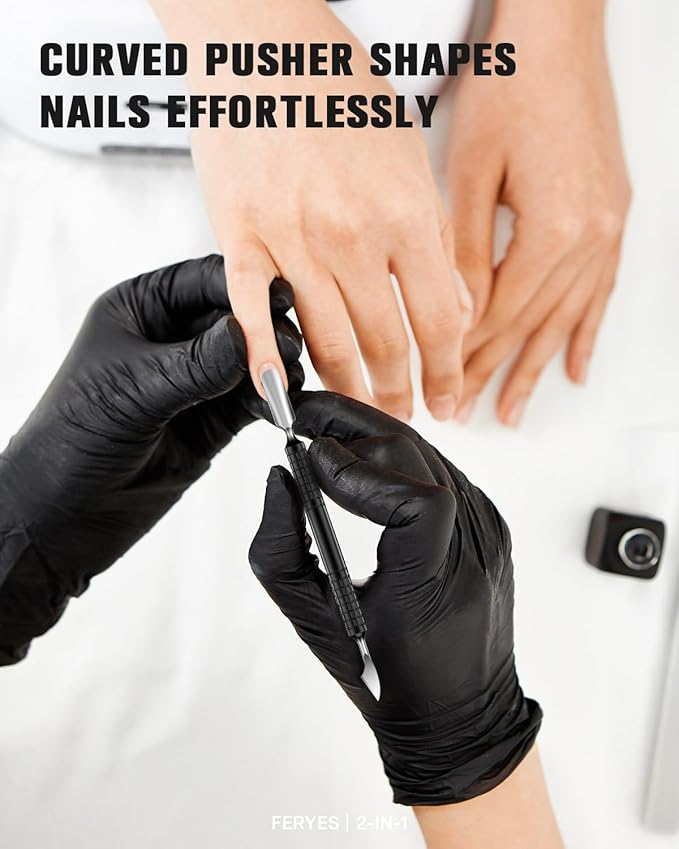 FERYES Upgraded Dual Head Cuticle Pusher Remover Tool - Curved & Chisel Edge Stainless Steel, Ergonomic Non-Slip Handle for Professional Salon & Home Manicure Nail-Black