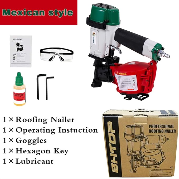 BHTOP CN45N Roofing Nailer, 15 Degree Roofing Nail Gun, 3/4-Inch to 1-3/4-Inch Coil Nails, 120-pcs Load Capacity Coil Nailer (Mexican style)