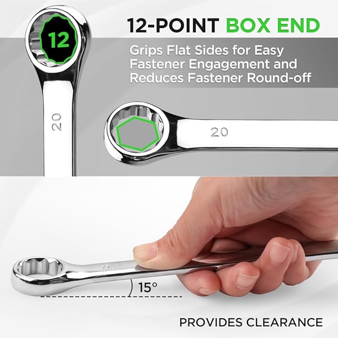 SWANLAKE GARDEN TOOLS 15-Piece Metric Wrench Sets, V Notch Premium Combination Wrench Set Metric 8-22mm, Max Torque, 12-Point, Chrome Vanadium Steel, with Storage Rack