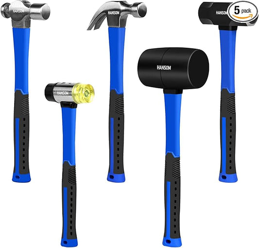 5-Pack Hammer Set,Rubber Mallet 32oz, Double-Faced Mallet 22oz,16oz Claw Hammer,16oz Ball Peen Hammer,3lb Sledge Hammer,Ergonomic Handle
