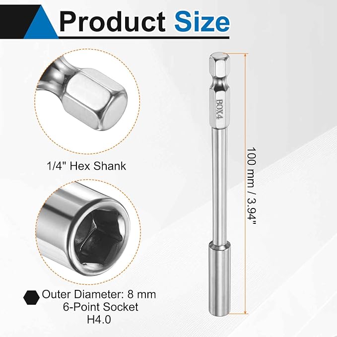 HARFINGTON 2pcs Nut Driver Drill Bit 4mm Metric Socket 1/4" Hex Shank 3.94" (100mm) Long 6-Point Socket Quick Change CR-V Steel Bolt Setters for Power Drill Driver