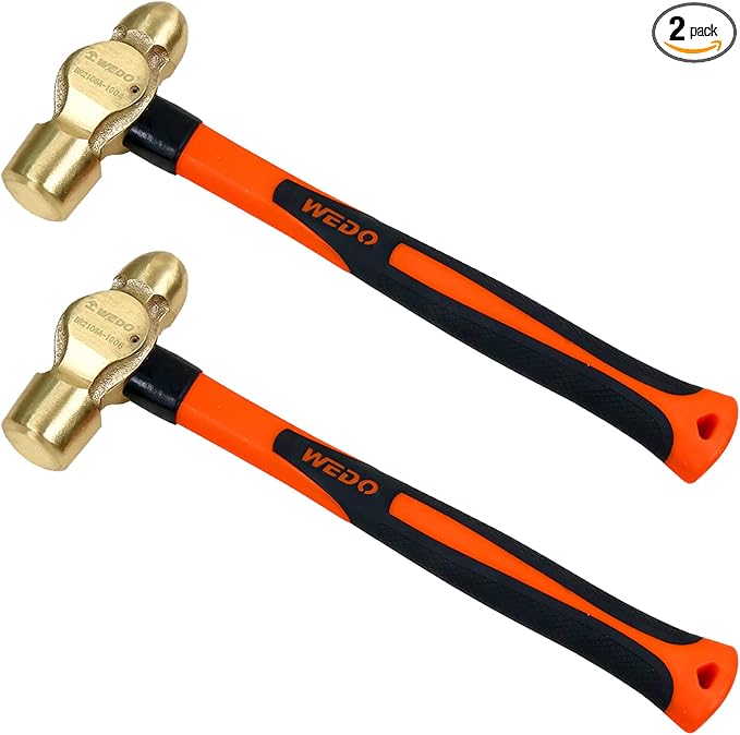 WEDO 2PCS Brass Ball Peen Hammer Set,3/4lb+1lb,Fiberglass Handle,Die-Forged,Corrosion Resistant,DIN Standard