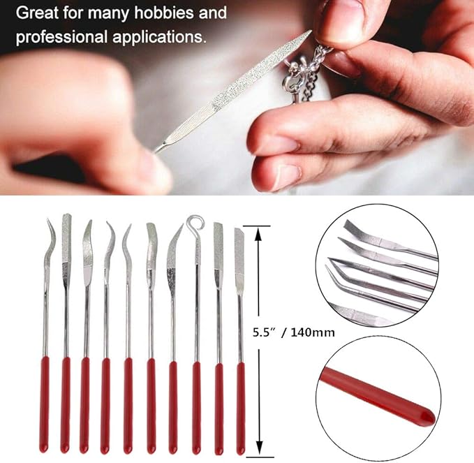 YAKAMOZ 10 Pcs Assorted Mini Diamond File Set Flat Needle Square Round Shape Rifler Files for Metal Jewelers Glass Wood Carving Craft Handy Curved Files Tool - 3x140mm