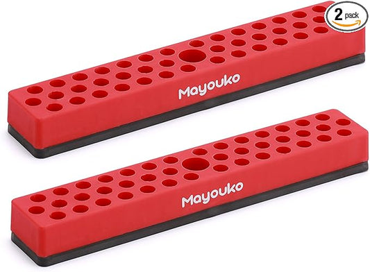 Mayouko 1/4" Magnetic Hex Bit Holder Rack Organizer, 43 Holes, 1/4-Inch Drill Bit Holder, Red, 2 Racks, Magnetic Bit Holder with Magnet Base for Screwdriver Bits