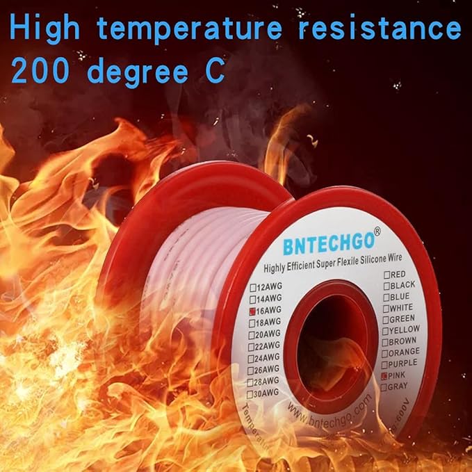 BNTECHGO 16 Gauge Silicone Wire Spool 25 ft Pink Flexible 16 AWG Stranded Tinned Copper Wire
