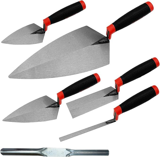 6 Pack Masonry Hand Tool Set, Concrete Tool Set Includes 1 PC Brick Trowel, 2 PCS Pointing Trowels, 1 PC Margin Trowel, 1 PC Tuck Pointing Trowels, 1 PC 5/8??x 1/2??Convex Brick Jointer