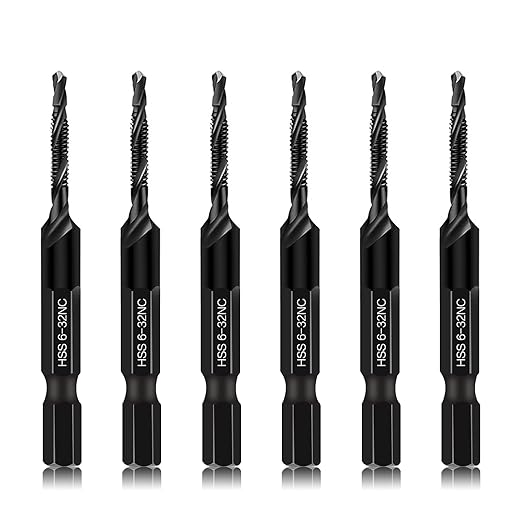 6-Piece 6-32NC Combination Drill Tap Countersink Bit Set SAE, Made of High-Speed Steel with Anti-Rust Blackened Coating, Ideal for Soft Metal, Wood & Plastic, 6-32NC Thread Size, 1/4??Hex Shank