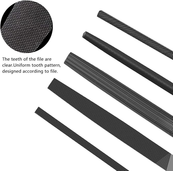 KALIM 5Pcs 8'' High Carbon Steel File, Rasp Set with Soft Rubber Non-slip Handle, Round/Half Round/Flat/Triangle/Squre, Grinding Hand Tool Set for Wood, Metal, Plastic, etc.