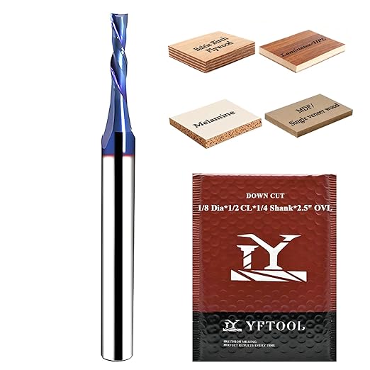 CNC 1/8 Downcut Router Bit with 1/4 Shank Nano Blue Coating Carbide 2 Flute Down Cut Spiral Router Bit for Wood MDF Plywood Cut Carving Carbide End Mill 1/2'' CL, 2-1/2 OVL
