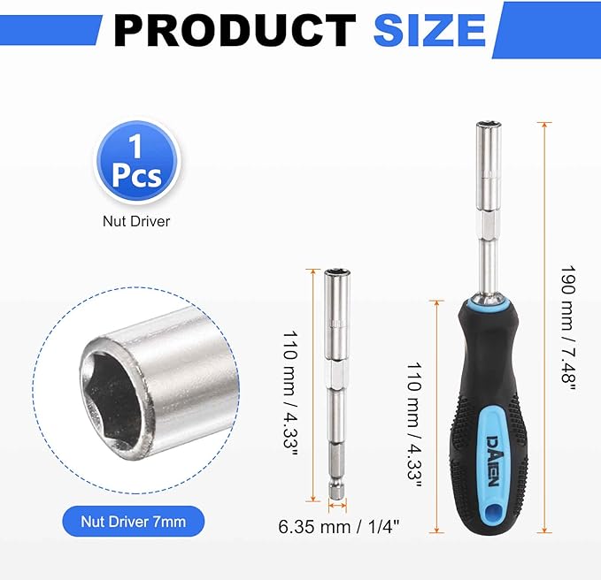 HARFINGTON Metric Nut Driver 7mm CR-V Non-Magnetic Detachable Tip Hollow Shafts Hex Socket Screwdriver with Anti-Slip Handle for Automobile Repair Bit Driver, Blue/Black