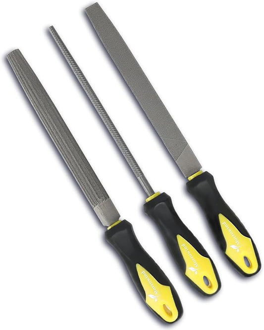 MORROWIND 3 Pcs Metal File Set, 8-Inch Carbon Steel Files with Flat, Half-Round, and Round Shapes, Heavy-Duty Hand Tools for Metal, Wood, Plastic and More, Yellow