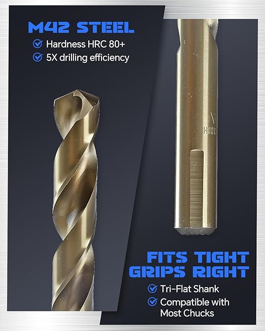 COMOWARE Cobalt Drill Bit Set- 1/2" M42 High Speed Steel Twist Jobber Length for Hardened Metal, Stainless Steel, Cast Iron and Wood Plastic