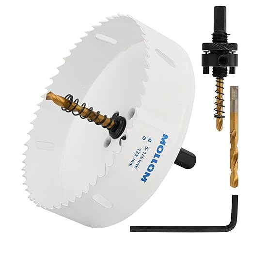 Mollom (133mm | 5-1/4") HSS M42 with 8% Cobalt BI-Metal Hole Saw with 2 Pilot Drill Bits & Arbor Smooth Cutting for PVC,Drywall,Wood,Plastic,Gypsum Board,Rubber