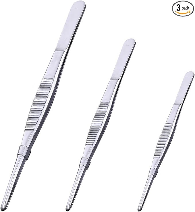 3PCS Stainless Steel Tweezers Set 8" 10" 12", Long Kitchen Tongs with Precision Serrated Tips for Cooking, Medical, Garden, Aquarium and Laboratory Use