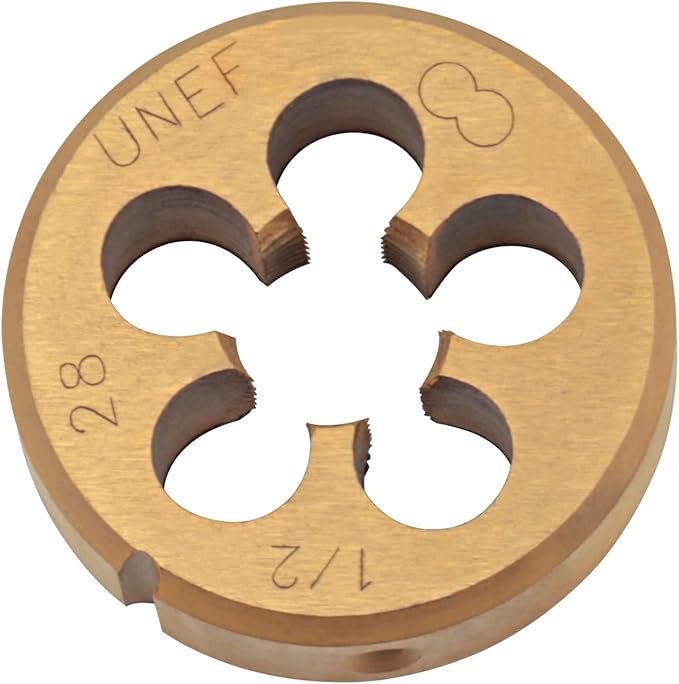 Aceteel 1/2"-28 UNEF Ti-Coated Tap and Die Set, Titanium Coated 1/2 x 28 UNEF HSS Thread Tap and Alloy Tool Steel Round Die Right Hand