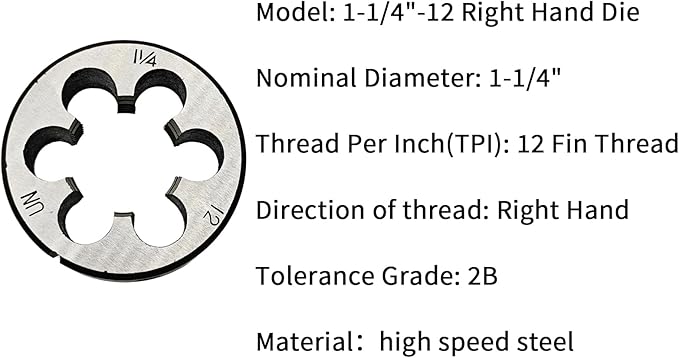 Lzcdelyxiao 1-1/4"-12 Die, 1 1/4"-12 Round Threading Die, Right Hand, UNF, Nominal Diameter 1 1/4", TPI Thread Per Inch 12 Fin Thread, Tolerance Grade 2B, High Speed