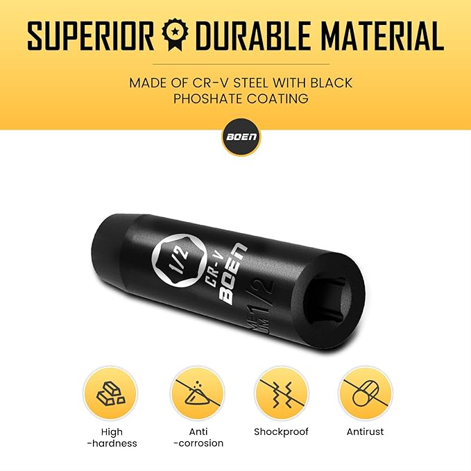 BOEN 1/2" Drive Deep Impact Socket,1/2 Inch Premium Socket,SAE,6 Point,Cr-V Steel with Laser Marking - Strong and Durable