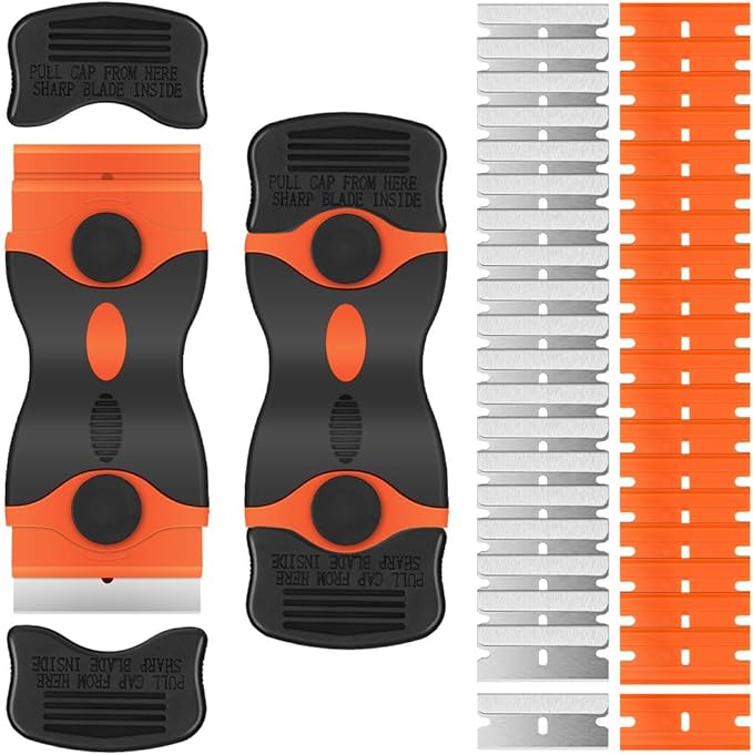 Ainiv 2 Pack Razor Blade Scraper, 2-in-1 Scraper Tool with 20PCS Metal Blades and 20PCS Plastic Blades, Multi-funtional Cleaning Razor Scraper for Stickers, Labels, Caulk, Adhesive, Paint Removal