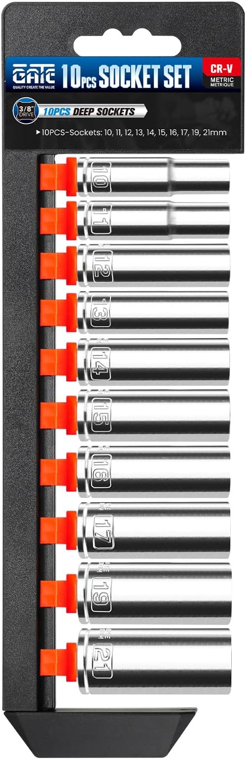 10PCS 3/8??Drive Deep Socket Set, Metric(10mm-21mm), 6-Point, Cr-V Steel, Chrome Plated Socket With Hanging Bracket, Cover Most Commonly Sizes