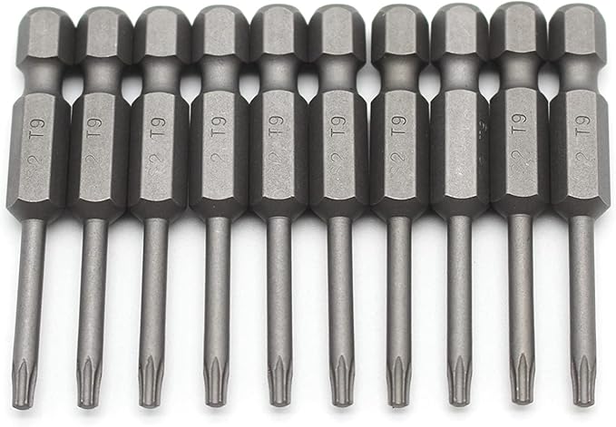 TEMO 10 pc T9 Torx Star Head Screwdriver Bit Set, S2 Steel 6 Point T-9 Reduced Round Shaft Screwdriver Insert Bits Hex Shank