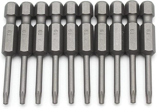 TEMO 10 pc T9 Torx Star Head Screwdriver Bit Set, S2 Steel 6 Point T-9 Reduced Round Shaft Screwdriver Insert Bits Hex Shank