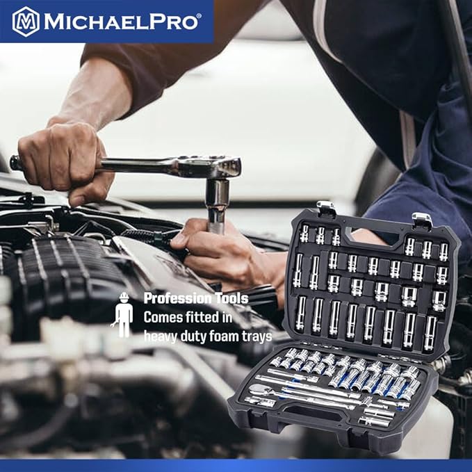 MichaelPro 57-Piece 1/2'' Drive Socket Set, 90-Tooth Standard & Deep Sockets, SAE 3/8''- 1-1/4'' & Metric 10-32mm, with Extension Bars, Sliding T-Bar, Universal Joint ??CR-V Steel | MP005061