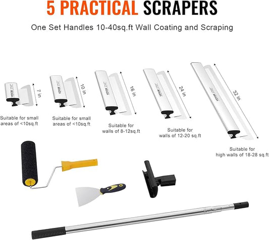 VEVOR Drywall Skimming Blade Set, 7/10/14/16/24 in Skimming Blades + 34-81.6 in Extension Handle Pole, Stainless Steel Knife Professional Skim Coat Tools, for Gyprock/WallBoard/Plasterboard