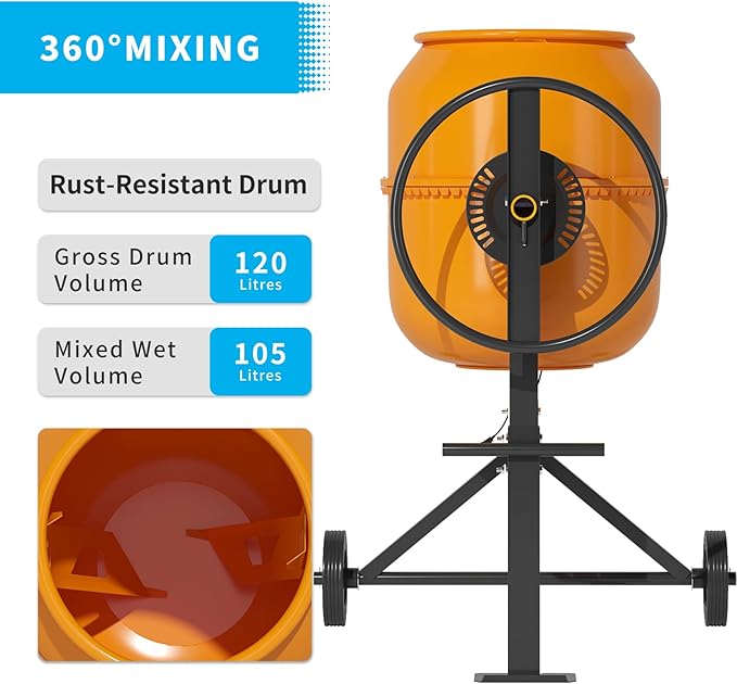 4.5 Cu.Ft. Electric Cement Mixer, 105L Dumb Portable Concrete Mixer with wheel&Stand,120V Mortar For Concreat,Mortar,Feeds and Seeds, Orange