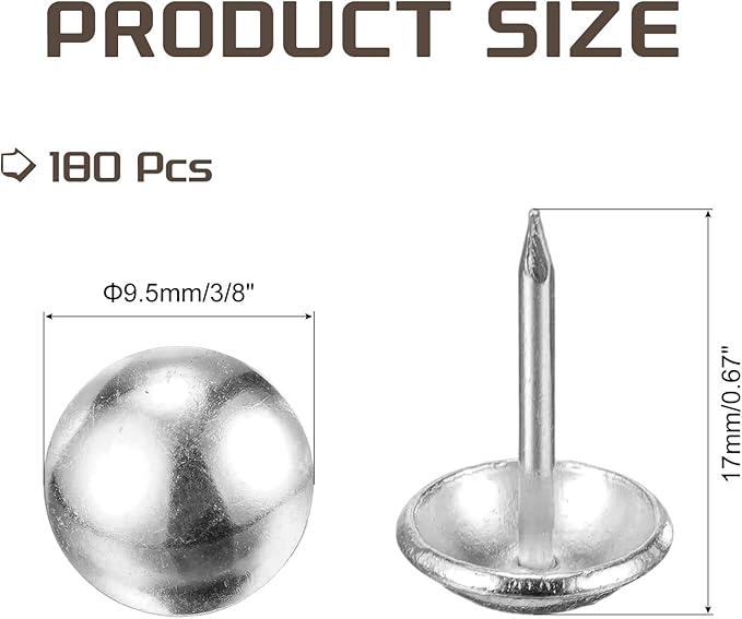 MECCANIXITY Upholstery Tacks for Furniture, 3/8 Inch (9.5 x 17mm) Metal Round Silver Thumb Tacks for Wall Decorative Upholstery Nails DIY Project Home Decor, Pack of 180