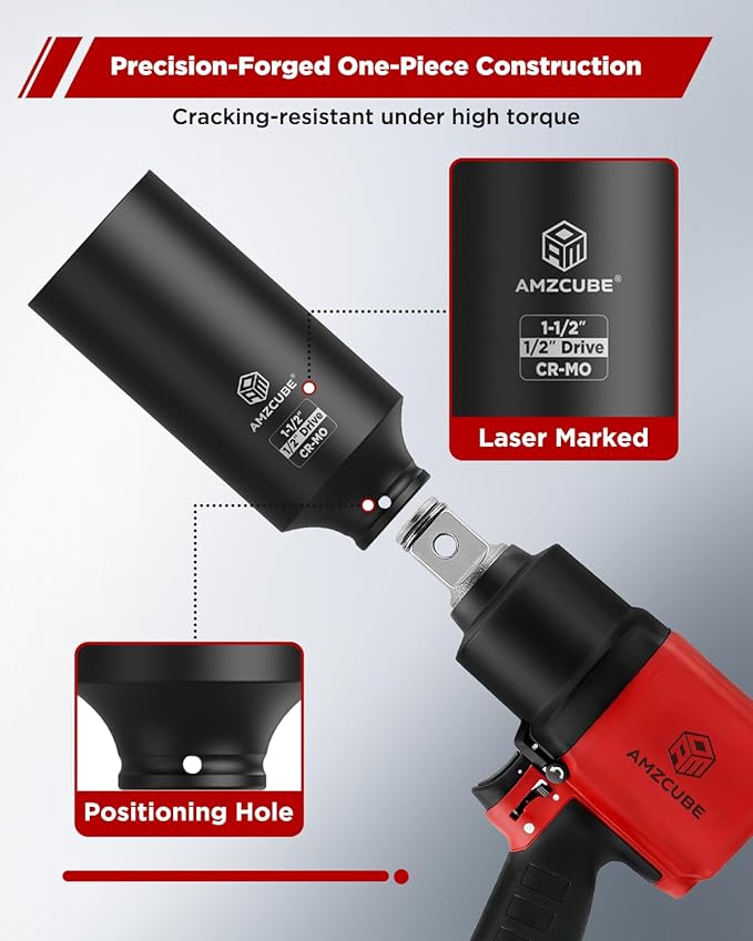 1/2" Drive 1-1/2" Deep Impact Socket, 4.7 Inch Anti-Break Cr-Mo Long Socket with 6-Point Radius Corner Design