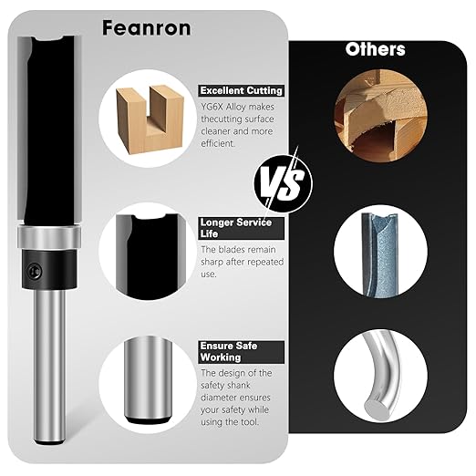 Feanron 4 Pcs Flush Trim Router Bit Set 1/4 Inch Shank, Carbide Tipped Straight Cut Pattern Router Bits Bottom Bearing, Sharp Double Blade Plunge Template Bit Woodworking Tools for Trimming (Black)