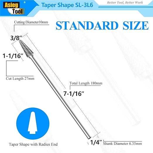 SL-3L6 Tungsten Carbide Burr Rotary File Taper Shape with Radius End Double Cut with 1/4" Shank for Die Grinder Drill Bit