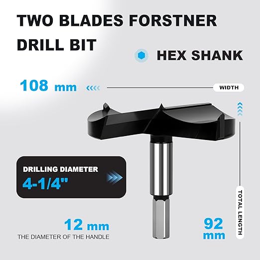 4-1/4 Inch Forstner Drill Bit Carbide Tipped,Woodworking Hinge Cutter for Precise Flat Bottom Holes in Hard Wood,Plywood,Plastic - Professional Grade