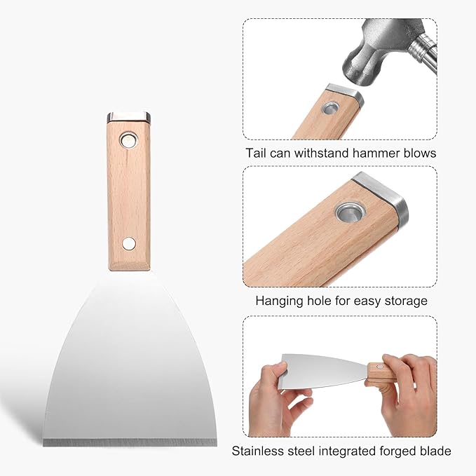uxcell Putty Knife 4" Stainless Steel Paint Scraper Flexible Drywall Repair Mud Knife Wood Shank for Removing Cement Wallpaper Mud Adhesive Taping with Metal Hammer End
