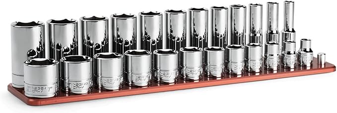 Capri Tools 3/8 in. Drive Shallow and Deep Chrome Socket Set, 6-Point, 5/16 to 1 in., 24-Piece with Billet Aluminum Socket Rail