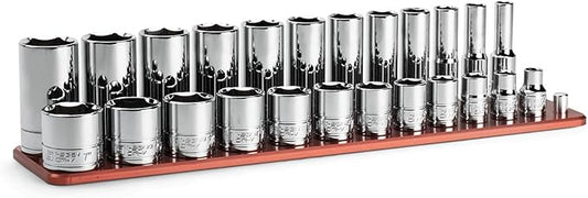 Capri Tools 3/8 in. Drive Shallow and Deep Chrome Socket Set, 6-Point, 5/16 to 1 in., 24-Piece with Billet Aluminum Socket Rail