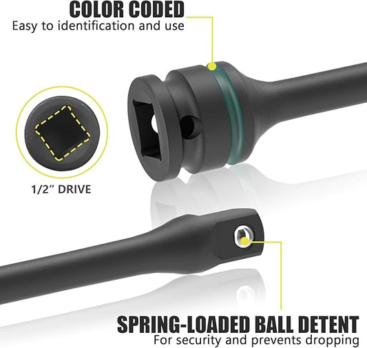 1/2" Drive 65 Ft-Lbs Torque Limiting Extension Bar, 8 Inch Color-Coded Lug Nut Torque Sticks