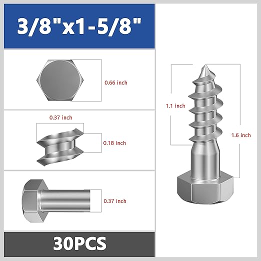Lag Screws Wood Screws (30PCS, 3/8" x1-5/8, Silver) Hex Head Lag Bolts,(10x40) Heavy Duty Lag Screws,304 Stainless Steel Bolts 18-8