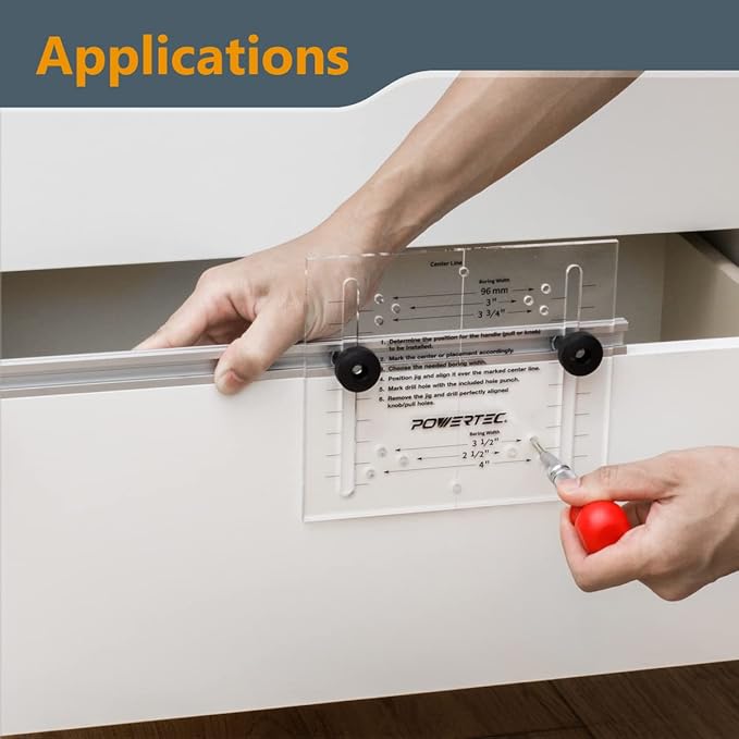 POWERTEC Cabinet Hardware Jig w/Center Punch, T Track & Stop Block, Drawer Jig for Installing Pulls, Knobs, Handle on Cabinet & Drawer, Woodworking Tools for Cabinet Handles Installation (71376)