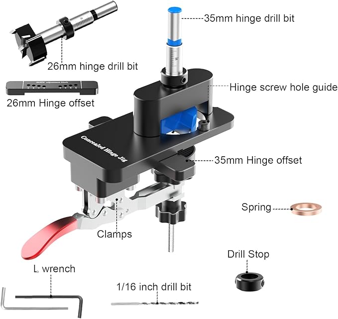 Concealed Hinge Jig with Quick Clamp, 35mm & 26mm Drill Bits Set, Aluminum Cabinet Door Hole Locator Tool with Depth Stop, Adjustable for 15-30mm Thickness Woodworking