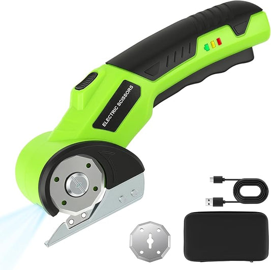 Cordless Cardboard Cutter with Safety Lock & LED ??4V Rechargeable, Extra Blade Included, Electric Box Cutter for Cardboard, Fabric Rotary Cutter for Wrapping Paper, Carpet & Leather