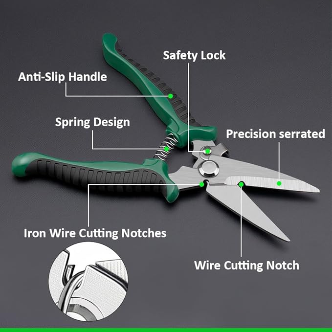 8" Scissors All Purpose, Ultra Sharp Stainless Steel Shears, Heavy Duty Straight Metal Cutter Serrated Edge for Cutting Cardboard, Thin Iron, Wire, Pruning, Gardening (8-In Straight Blades)