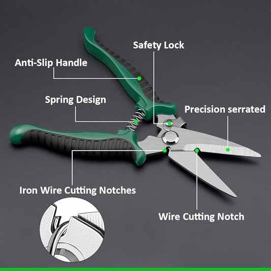 8" Scissors All Purpose, Ultra Sharp Stainless Steel Shears, Heavy Duty Straight Metal Cutter Serrated Edge for Cutting Cardboard, Thin Iron, Wire, Pruning, Gardening (8-In Straight Blades)