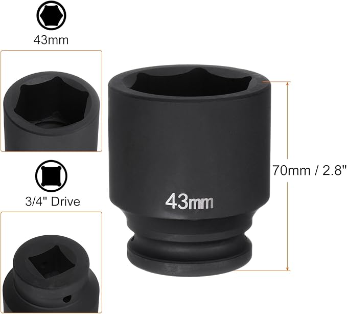 HARFINGTON 6-Point Impact Socket 3/4" Drive 43mm Metric 40Cr Alloy Steel Spindle Axle Nut Impact Socket